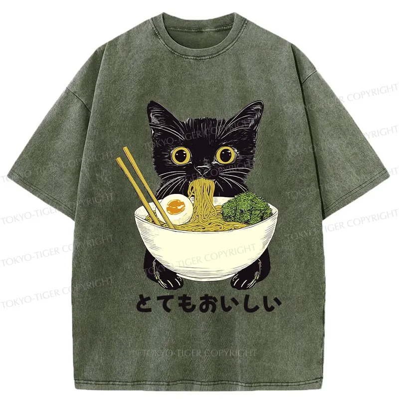 Tokyo-Tiger Ramen Lover Cute Cat Washed T-Shirt