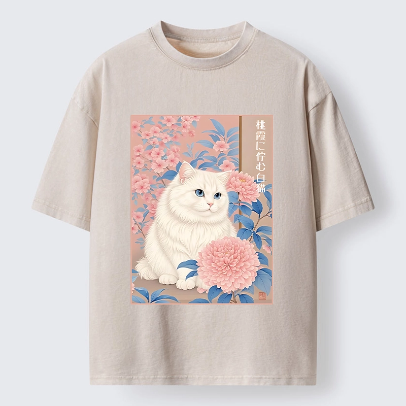 Tokyo-Tiger White Cat Pink Blossom Soft Art Washed T-Shirt