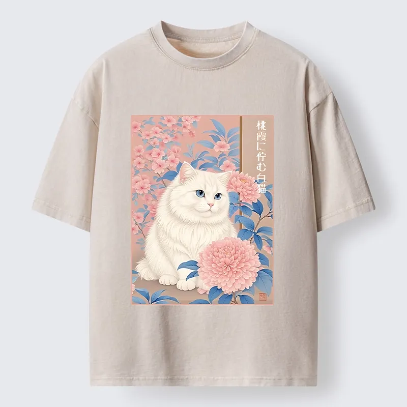 Tokyo-Tiger White Cat Pink Blossom Soft Art Washed T-Shirt