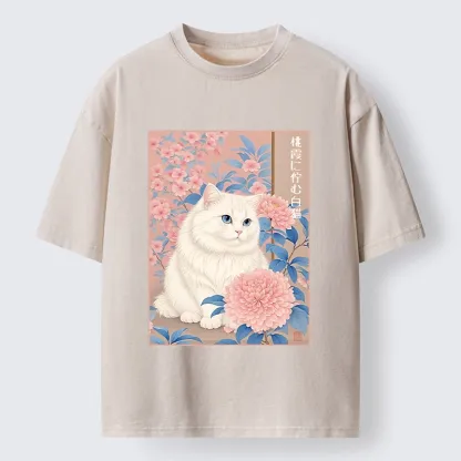 Tokyo-Tiger White Cat Pink Blossom Soft Art Washed T-Shirt