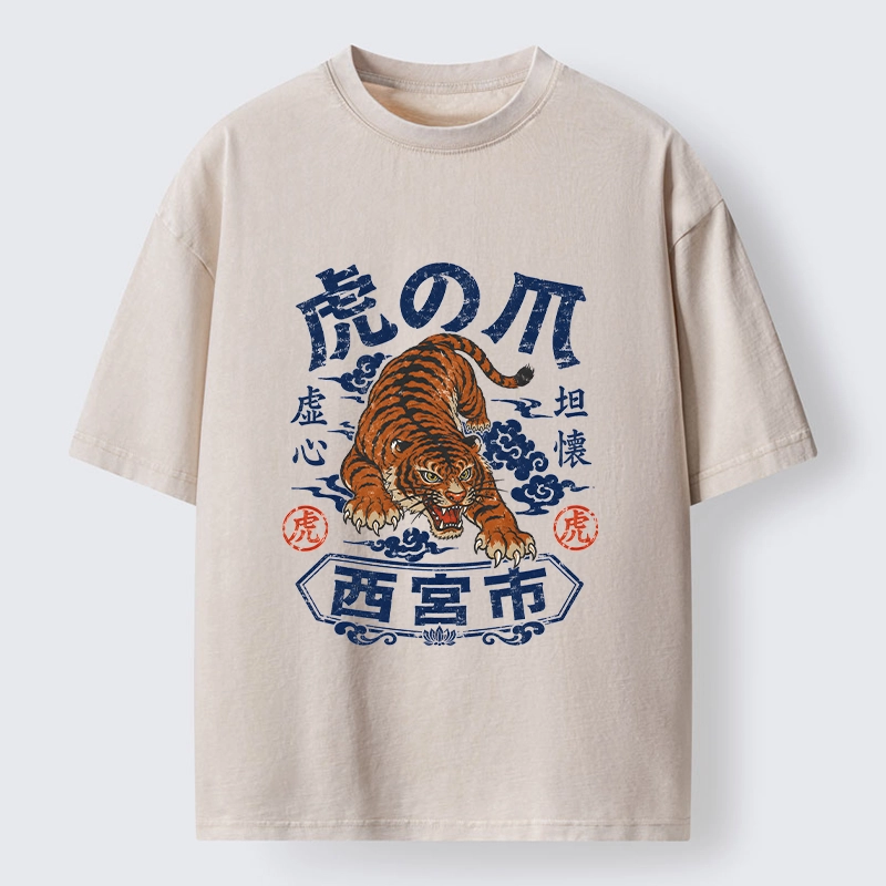 Tokyo-Tiger Brave Tiger Traditional Print Washed T-Shirt