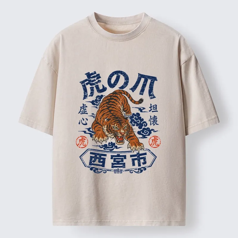 Tokyo-Tiger Brave Tiger Traditional Print Washed T-Shirt