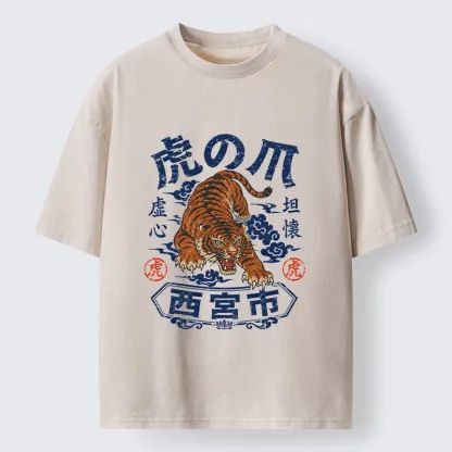 Tokyo-Tiger Brave Tiger Traditional Print Washed T-Shirt