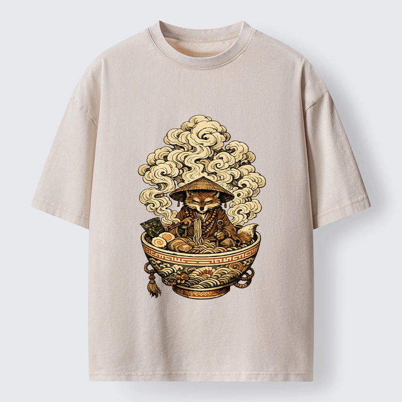 Tokyo-Tiger Zen Fox Eat Warm Ramen Washed T-Shirt