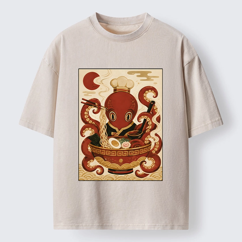 Tokyo-Tiger Red Octopus Master Noodle Maker Washed T-Shirt