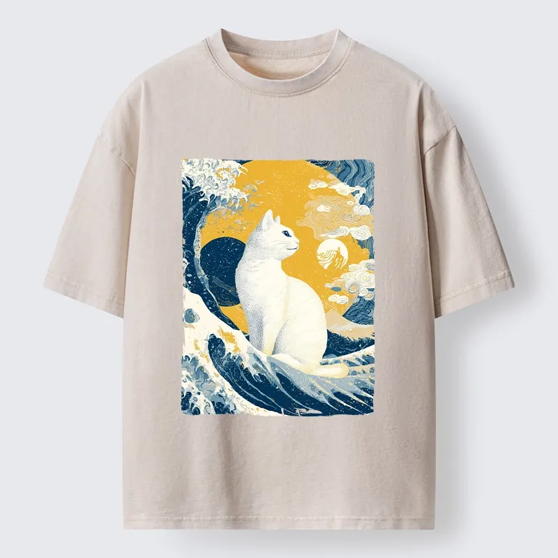 Tokyo-Tiger Ukiyo Cat Giant Ocean Wave Print Washed T-Shirt