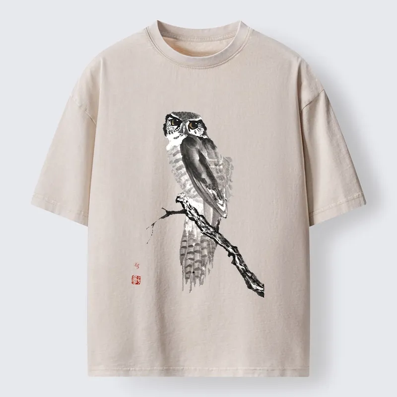 Tokyo-Tiger Minimal Ink Owl Oriental Brush Art Washed T-Shirt