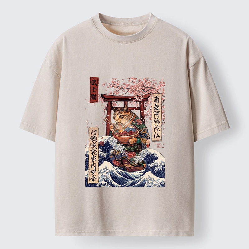 Tokyo-Tiger Samurai Cat Eating Noodles Wave Scene Washed T-Shirt