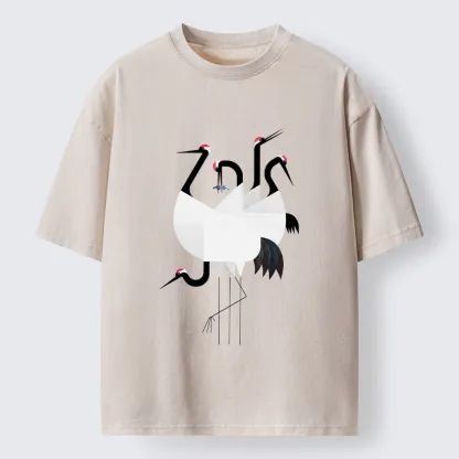 Tokyo-Tiger Minimal Shaped Cranes Simple Graphic Washed T-Shirt