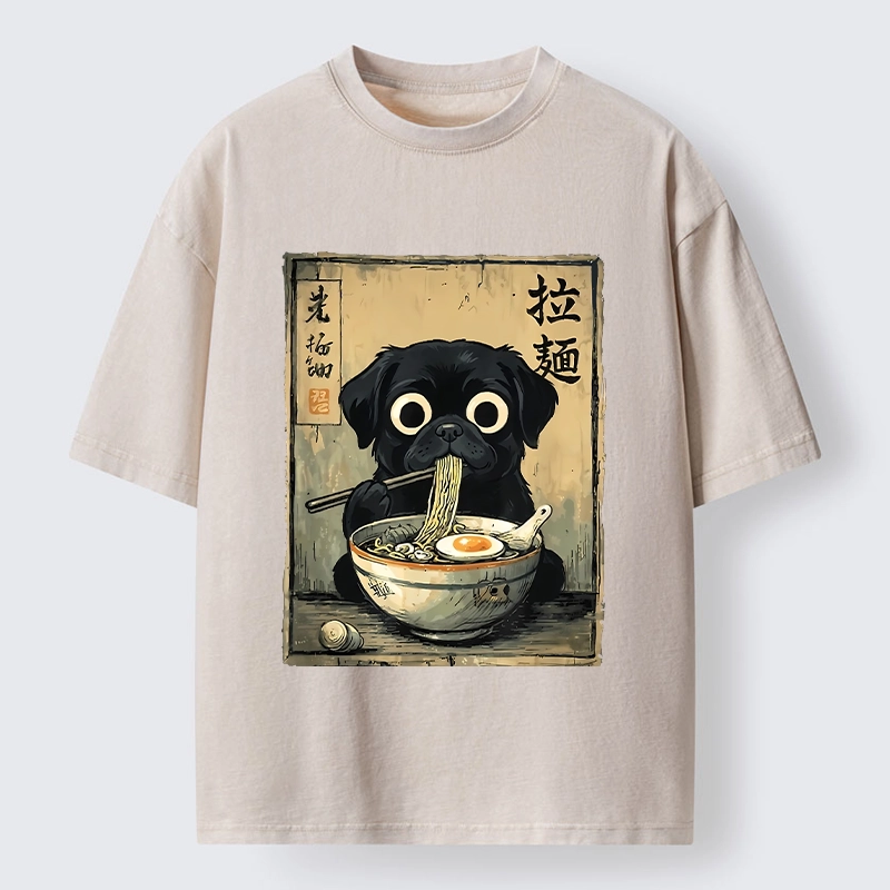 Tokyo-Tiger Cute Black Dog Eating Hot Ramen Washed T-Shirt