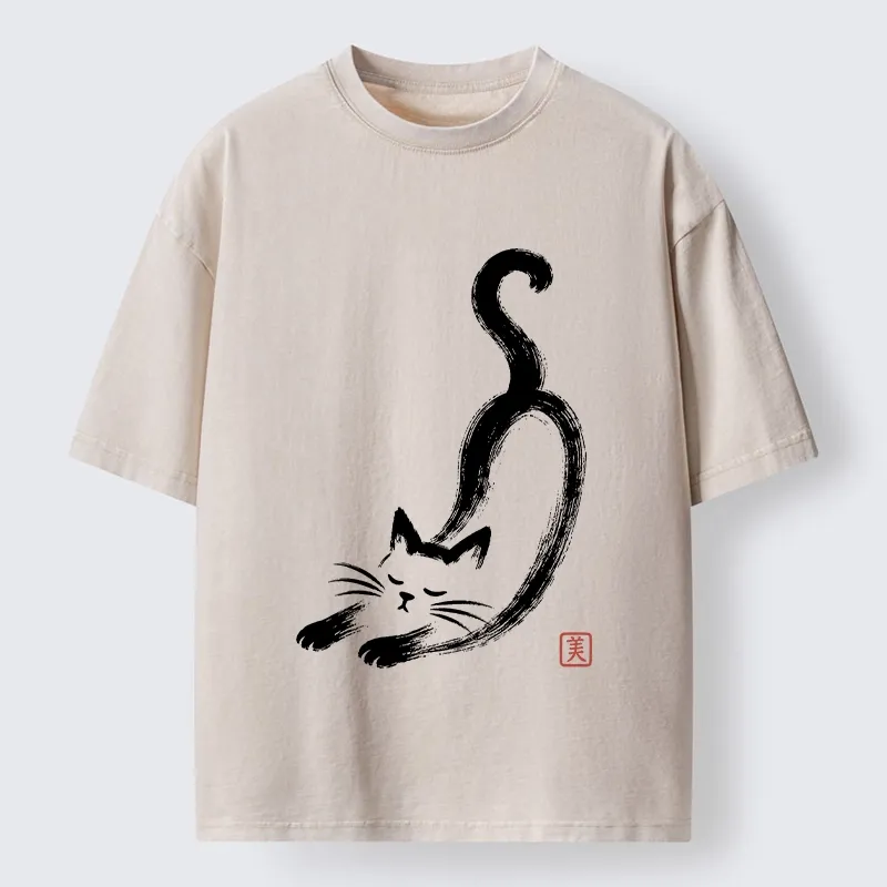 Tokyo-Tiger Soft Ink Stretch Cat Oriental Brush Art Washed T-Shirt