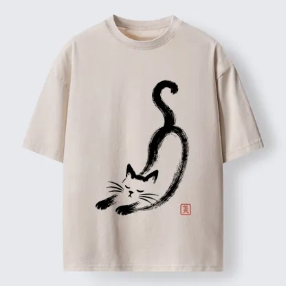 Tokyo-Tiger Soft Ink Stretch Cat Oriental Brush Art Washed T-Shirt