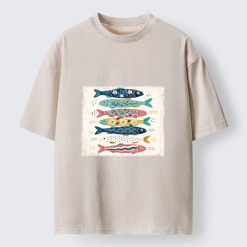 Tokyo-Tiger Simple Folk Art Floral Fish Group Design Washed T-Shirt