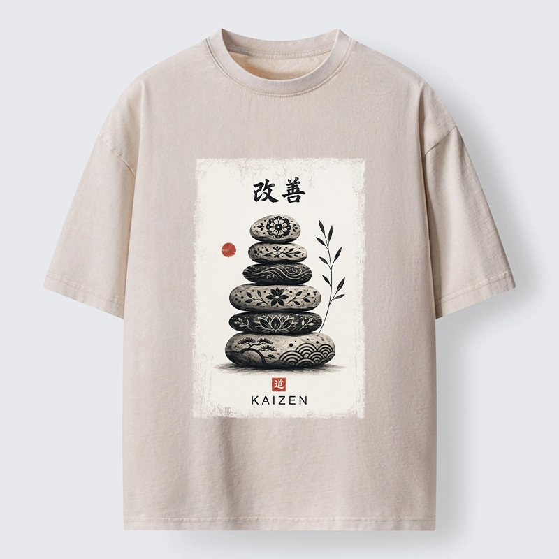 Tokyo-Tiger Japanese Balance Stone Floral Print Washed T-Shirt