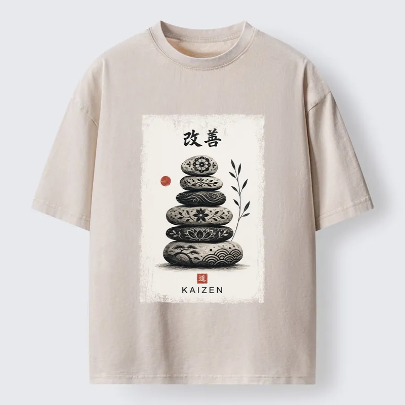 Tokyo-Tiger Japanese Balance Stone Floral Print Washed T-Shirt