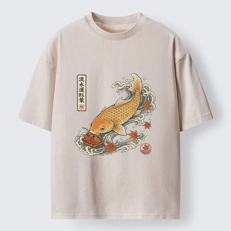 Tokyo-Tiger Golden Koi Carp Maple Leaf Wave Art Washed T-Shirt