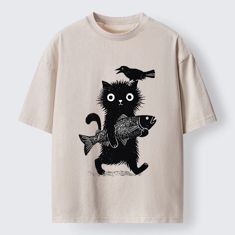 Tokyo-Tiger Wild Fluffy Cat Fish Crow Vintage Print Washed T-Shirt