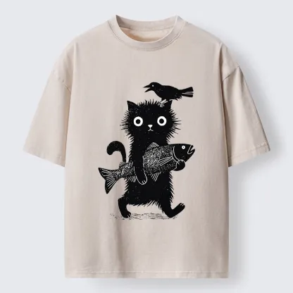 Tokyo-Tiger Wild Fluffy Cat Fish Crow Vintage Print Washed T-Shirt