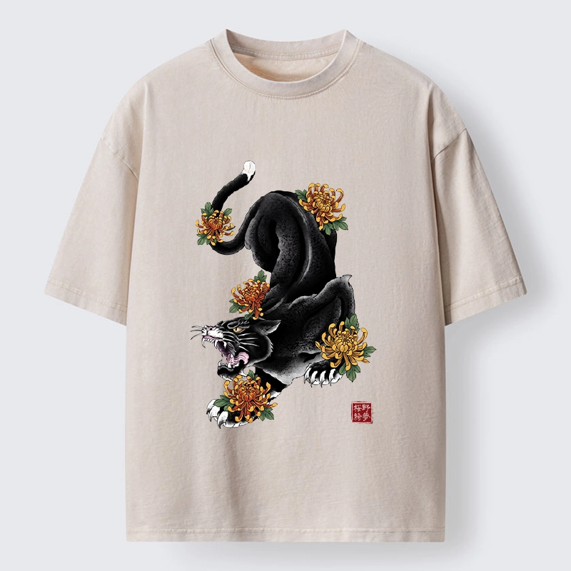 Tokyo-Tiger Wild Black Cat Panther Autumn Flower Graphic Washed T-Shirt