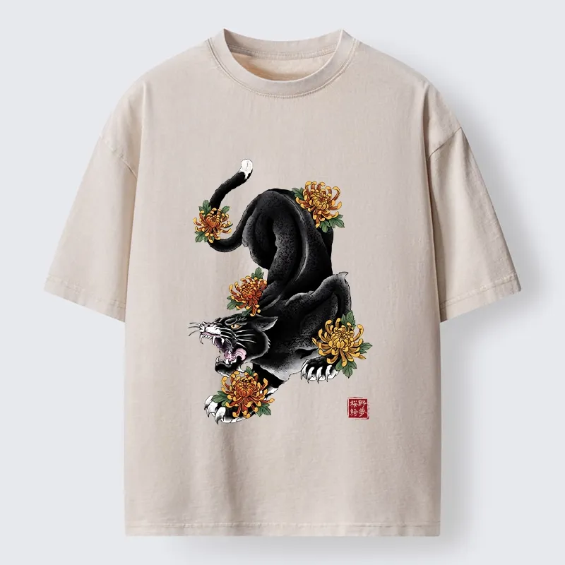 Tokyo-Tiger Wild Black Cat Panther Autumn Flower Graphic Washed T-Shirt Sale