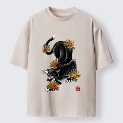 Tokyo-Tiger Wild Black Cat Panther Autumn Flower Graphic Washed T-Shirt