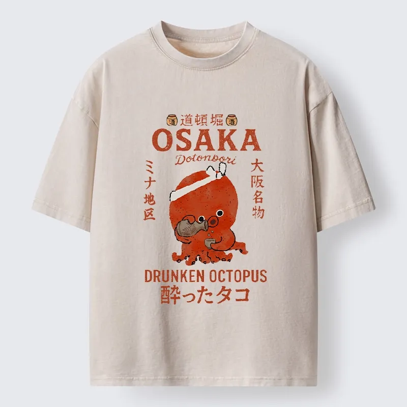 Tokyo-Tiger Vintage Osaka Octopus Sake Drinking Print Washed T-Shirt Sale