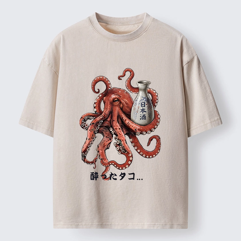 Tokyo-Tiger Japanese Drunken Octopus Sake Pot Art Washed T-Shirt