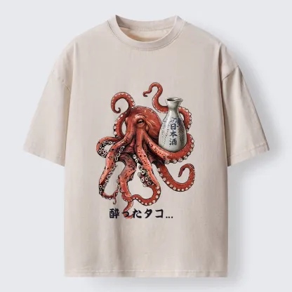 Tokyo-Tiger Japanese Drunken Octopus Sake Pot Art Washed T-Shirt
