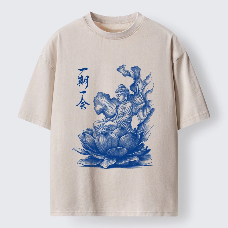 Tokyo-Tiger Calm Buddha On Big Lotus Zen Graphic Washed T-Shirt