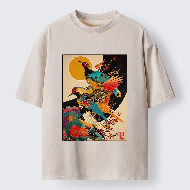 Tokyo-Tiger Sunrise Pheasants Blossom Oriental Art Design Washed T-Shirt