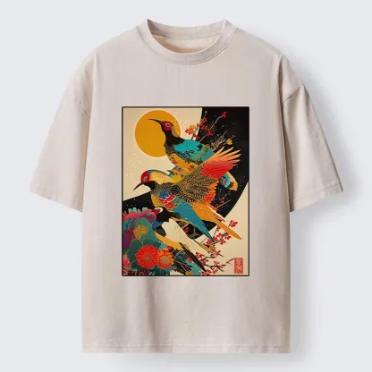 Tokyo-Tiger Sunrise Pheasants Blossom Oriental Art Design Washed T-Shirt