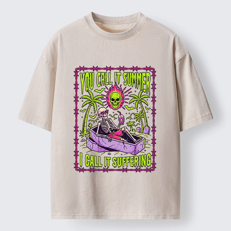 Tokyo-Tiger Neon Skull Summer Vacation Dark Humor Art Washed T-Shirt