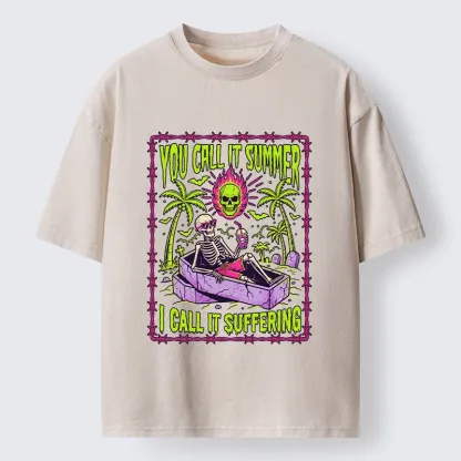 Tokyo-Tiger Neon Skull Summer Vacation Dark Humor Art Washed T-Shirt