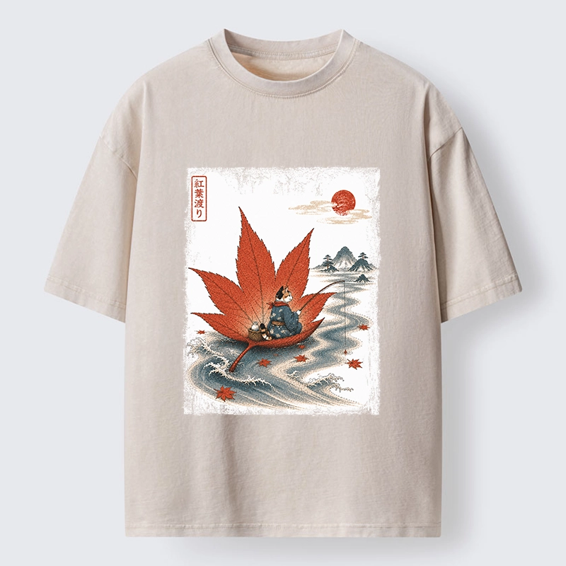 Tokyo-Tiger Japanese Cat Maple River Fishing Vintage Art Washed T-Shirt