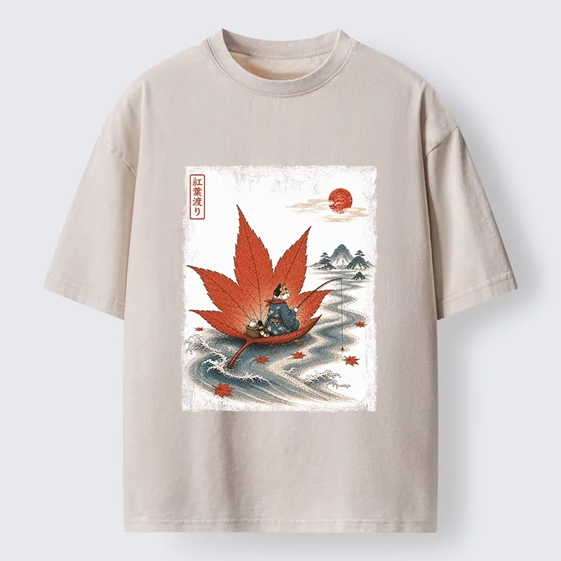 Tokyo-Tiger Japanese Cat Maple River Fishing Vintage Art Washed T-Shirt