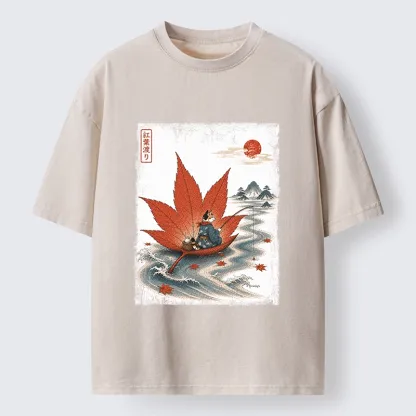 Tokyo-Tiger Japanese Cat Maple River Fishing Vintage Art Washed T-Shirt