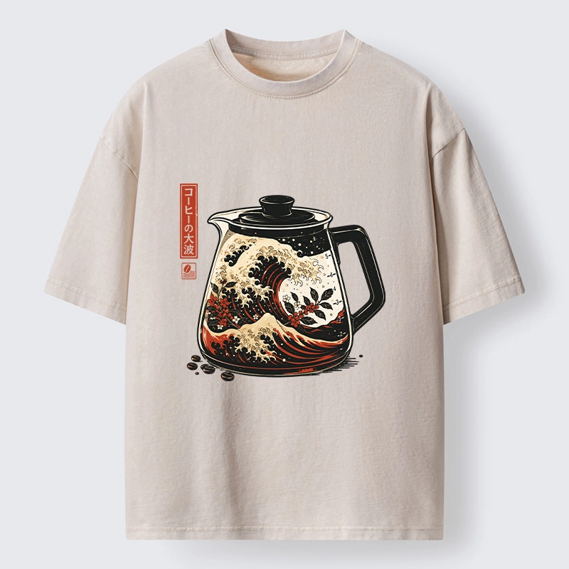 Tokyo-Tiger Coffee Pot Great Wave Coffee Beans Art Washed T-Shirt