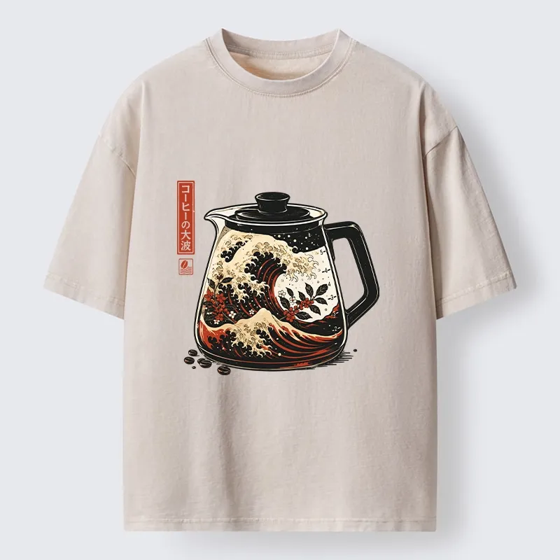 Tokyo-Tiger Coffee Pot Great Wave Coffee Beans Art Washed T-Shirt