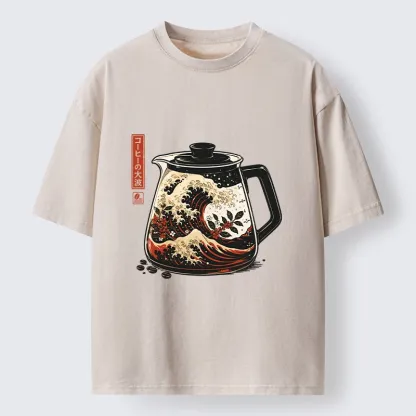 Tokyo-Tiger Coffee Pot Great Wave Coffee Beans Art Washed T-Shirt