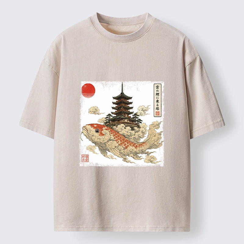 Tokyo-Tiger Sacred Koi Carp And Ancient Temple Tower Art Washed T-Shirt