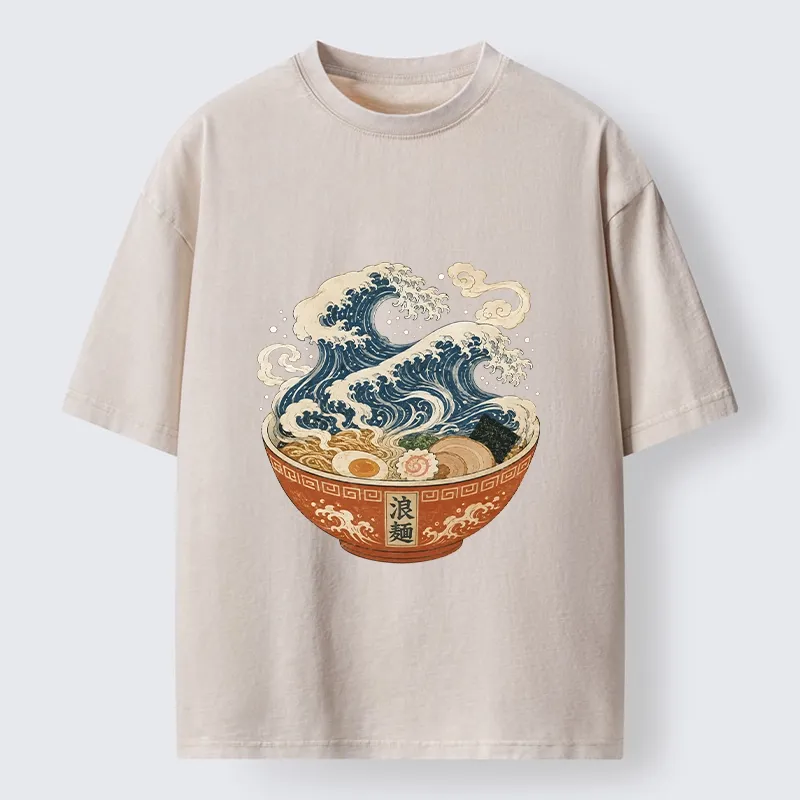 Tokyo-Tiger Ramen Bowl Holds Giant Ocean Wave Graphic Washed T-Shirt