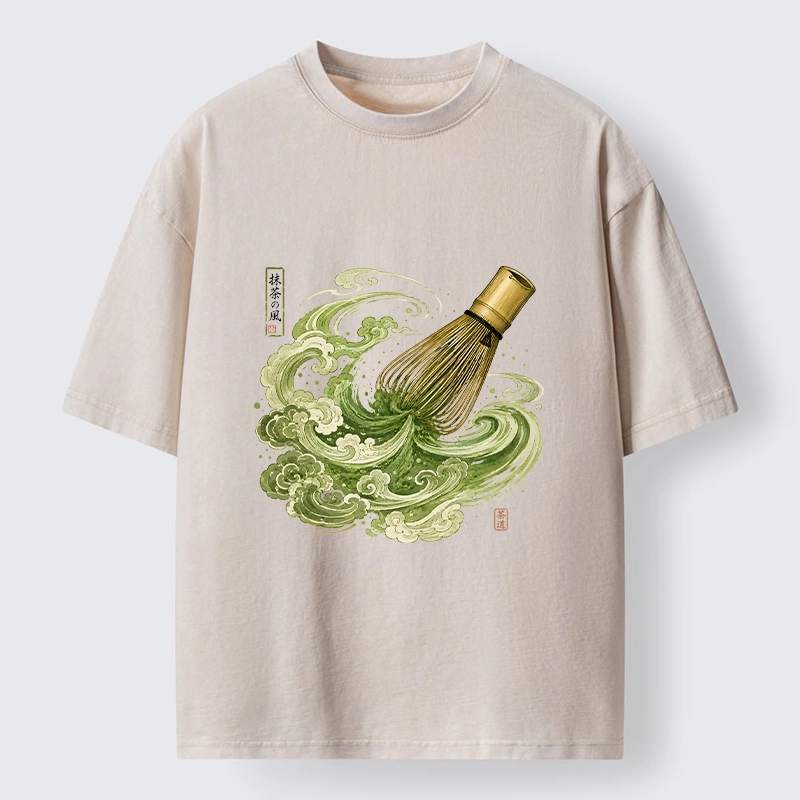 Tokyo-Tiger Zen Matcha Wave Bamboo Whisk Vintage Print Washed T-Shirt