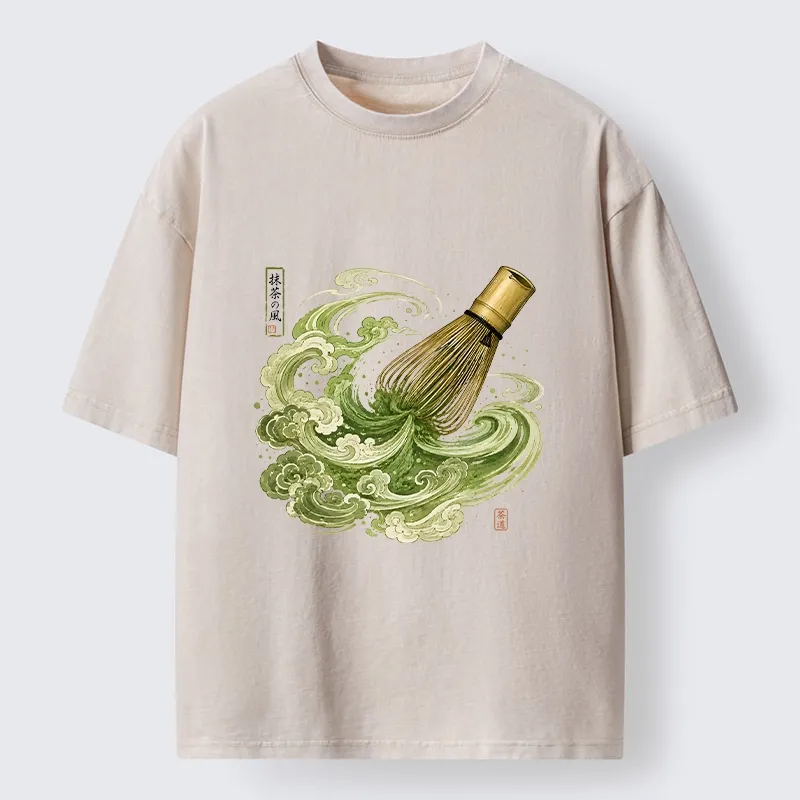 Tokyo-Tiger Zen Matcha Wave Bamboo Whisk Vintage Print Washed T-Shirt