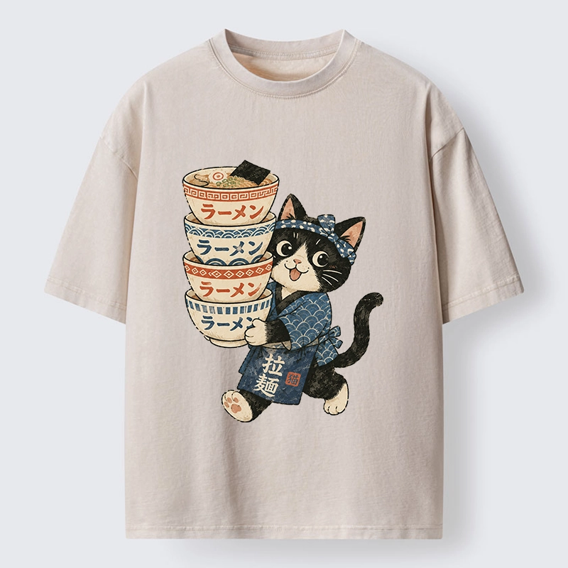 Tokyo-Tiger Funny Meme Cat Carries Stacked Ramen Bowls Washed T-Shirt