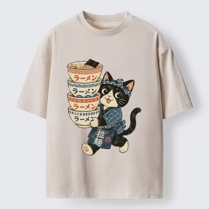 Tokyo-Tiger Funny Meme Cat Carries Stacked Ramen Bowls Washed T-Shirt