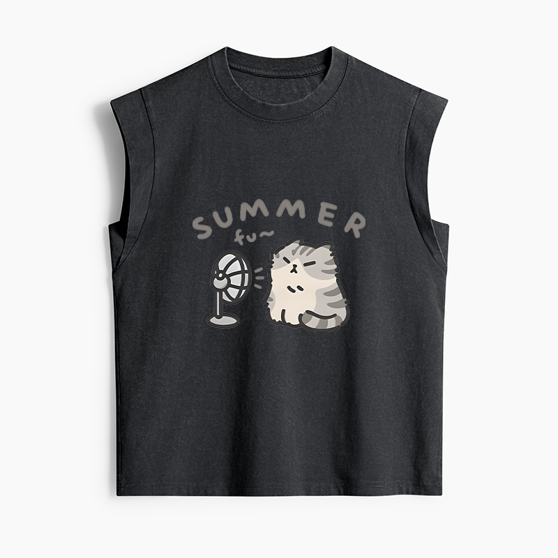 Tokyo-Tiger Summer Cat Chills With A Fan Women's Washed Tank Tops