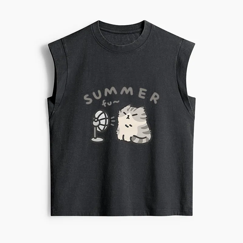 Tokyo-Tiger Summer Cat Chills With A Fan Women's Washed Tank Tops