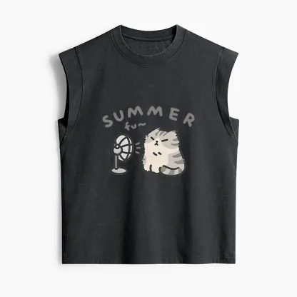 Tokyo-Tiger Summer Cat Chills With A Fan Women's Washed Tank Tops