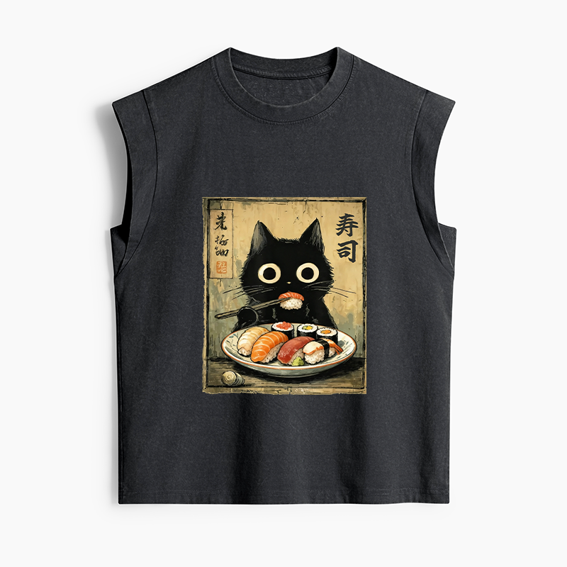 Tokyo-Tiger Vintage Japanese Sushi Cat Women's Washed Tank Tops