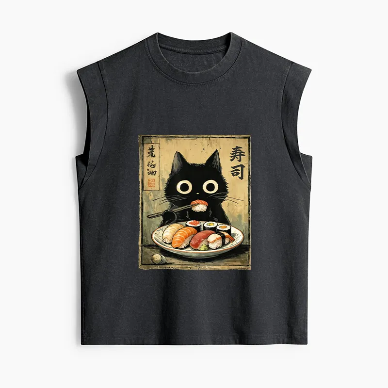 Tokyo-Tiger Vintage Japanese Sushi Cat Women's Washed Tank Tops